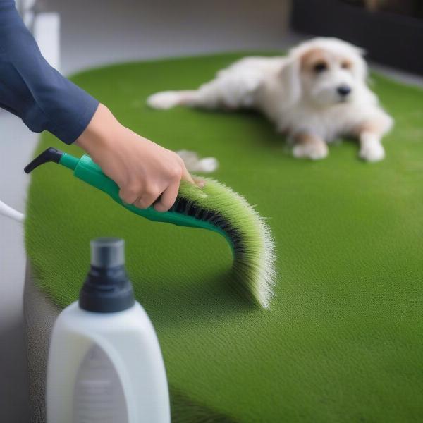 A person cleaning a patch of dog grass