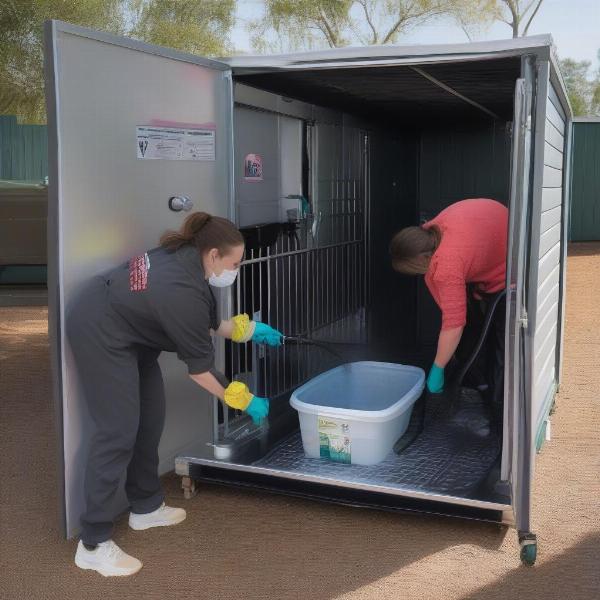 Cleaning a dog kennel with a hose