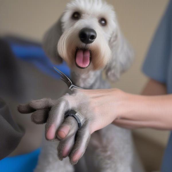 Clipping a Bedlington Terrier's paws with clippers