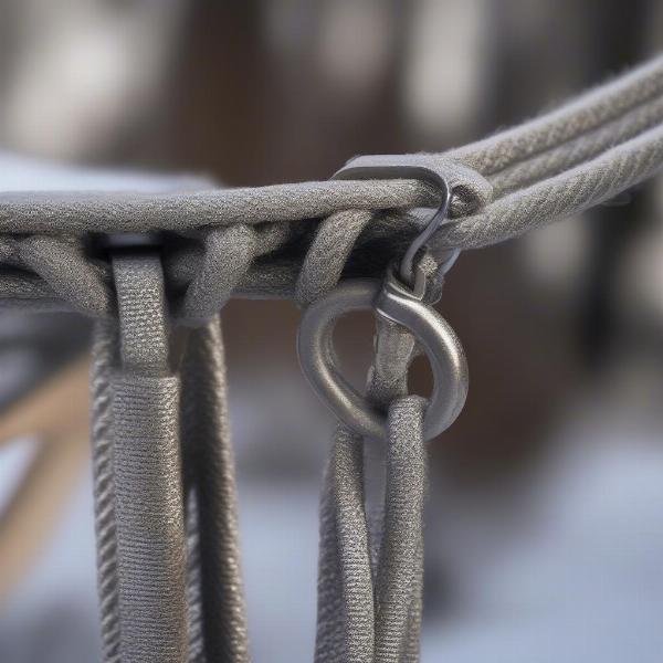 Close-up of a metal lead attached to a dog's harness, showcasing the durability and design.