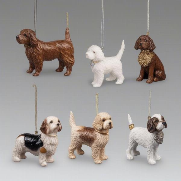 Cockapoo ornaments made of porcelain, wood, and metal.