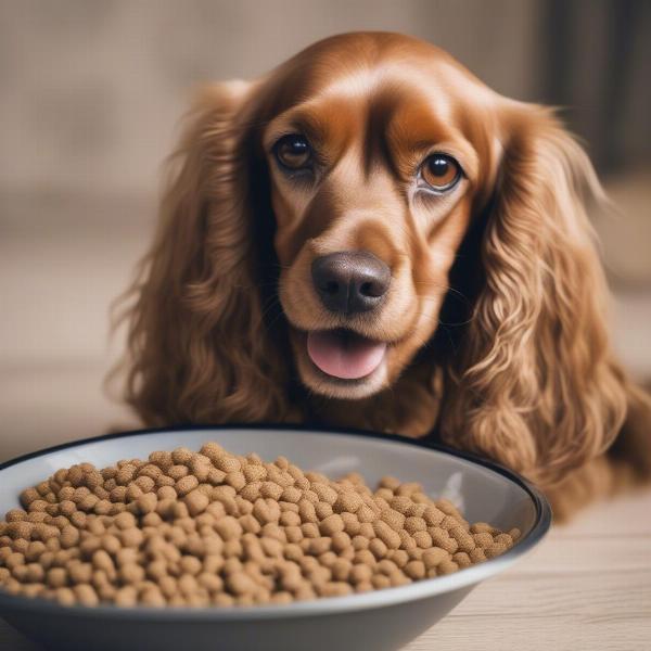 A Cocker Spaniel enjoying a bowl of kibble