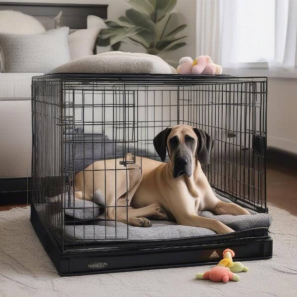 A comfortable crate setup for a Great Dane