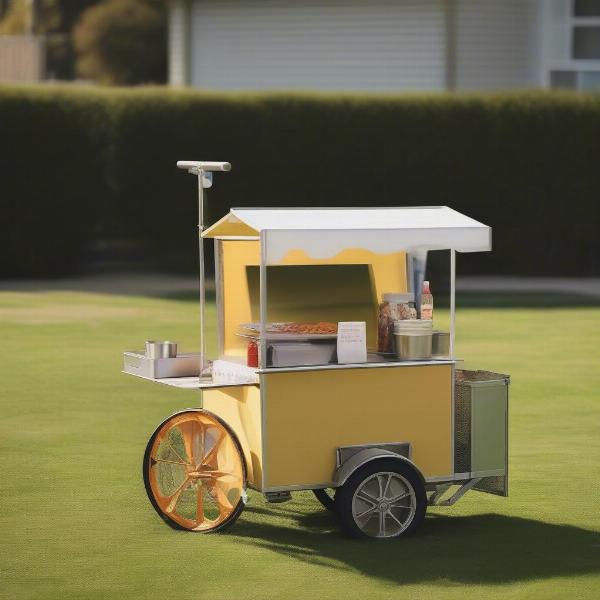 Commercial hot dog cart with a friendly dog sitting nearby.