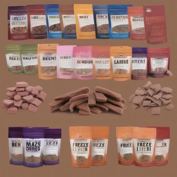 Different brands of freeze-dried beef liver treats side-by-side for comparison