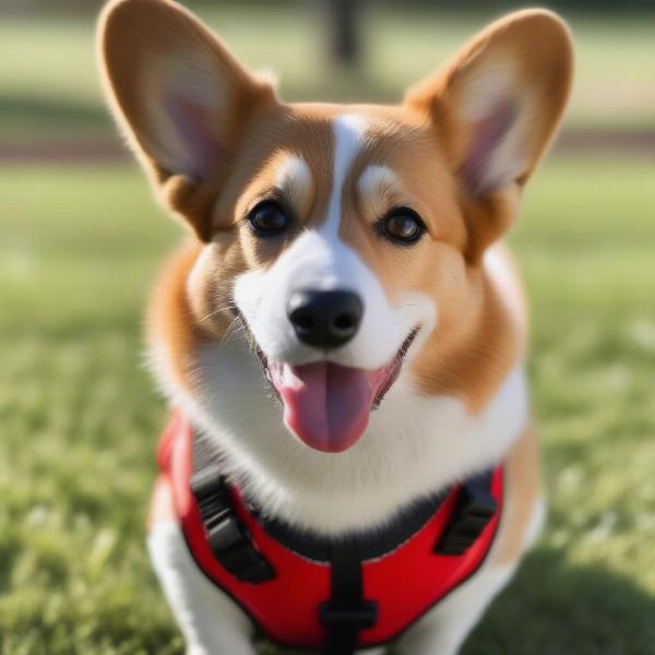 Corgi wearing a harness