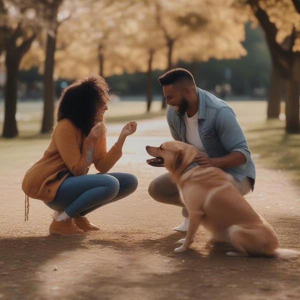 Couple Playing with their Dog