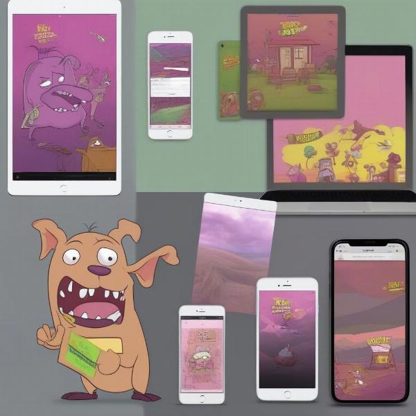 Examples of Courage the Cowardly Dog wallpaper applied on various devices like phone, laptop, tablet.