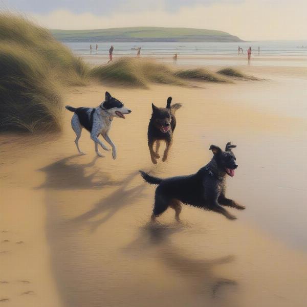 Dogs playing on Crantock Beach