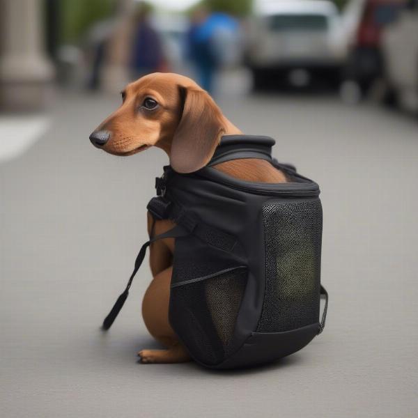 Dachshund comfortably nestled in a backpack carrier