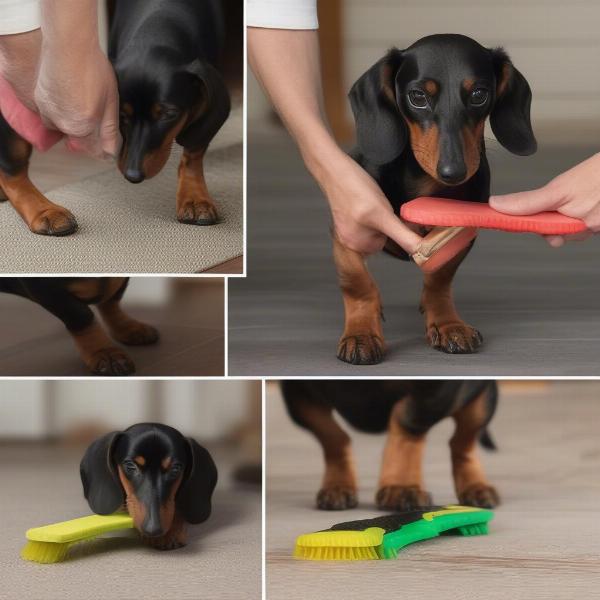 Training a dachshund to use a paw cleaner