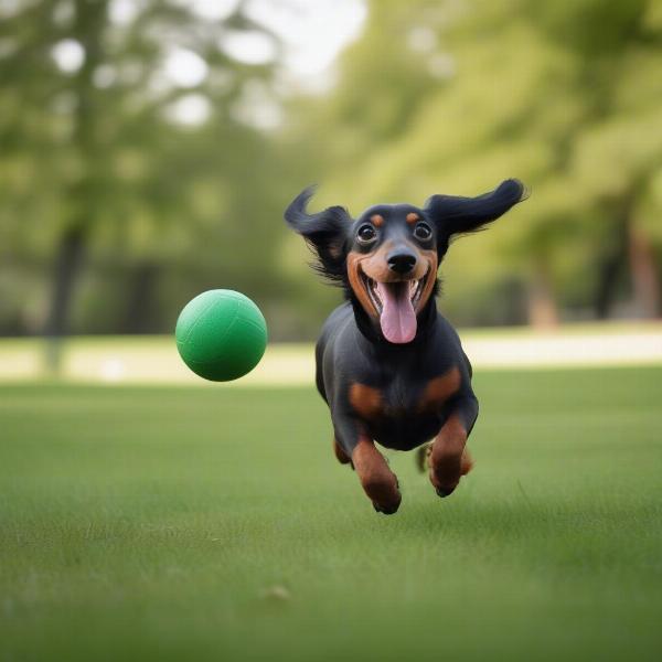 A happy dachshund playing fetch in a park, showcasing its energetic nature.