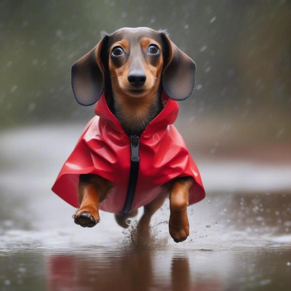 A dachshund playing in the rain while wearing a raincoat