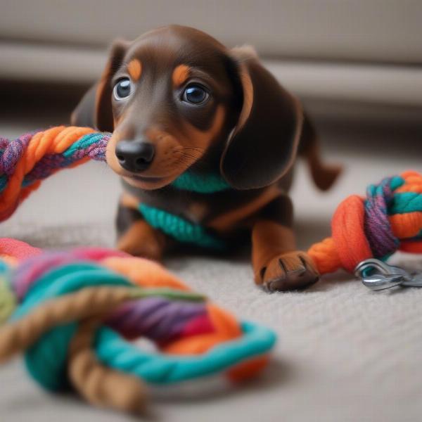 Dachshund happily playing with a colorful rope toy.