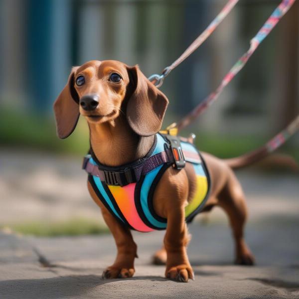 Dachshund wearing a harness