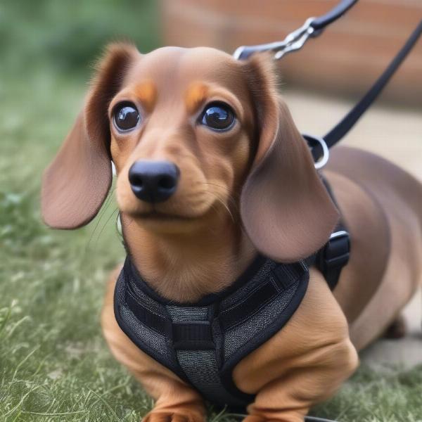 Dachshund wearing a harness