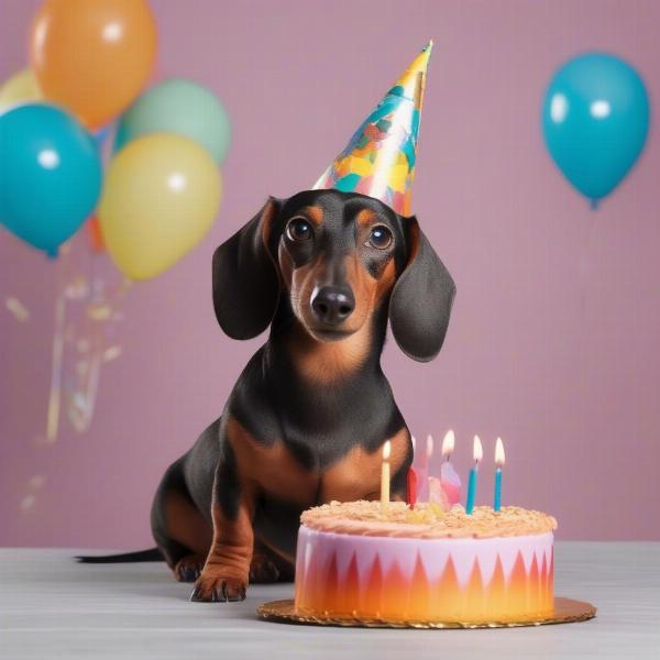 Dachshund wearing a party hat