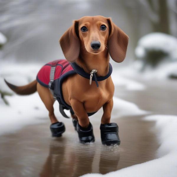 Dachshund wearing socks outdoors for paw protection in winter.