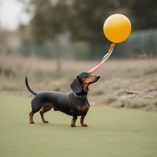 Dachshund playing safely with a sausage dog balloon