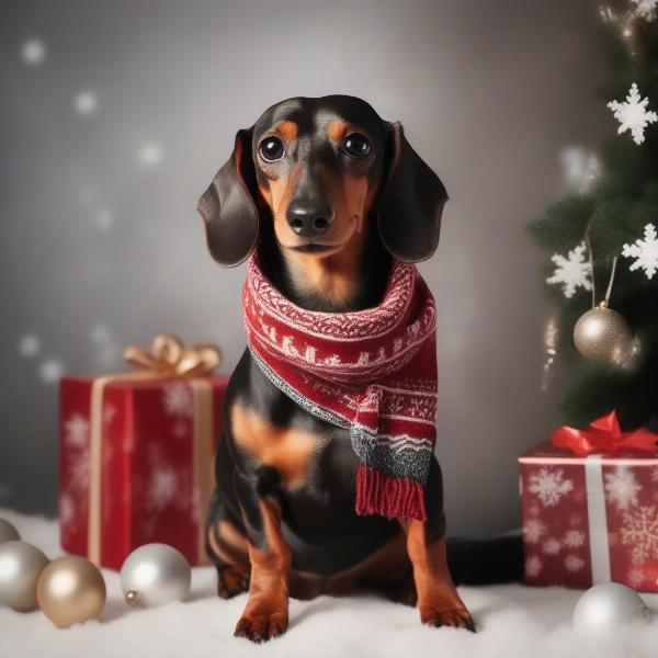 Dachshund wearing a Christmas-themed scarf