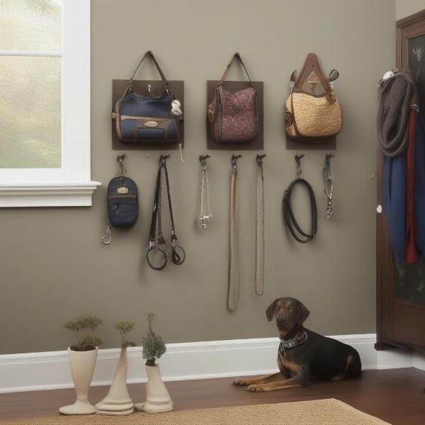 Dog hooks used as decorative wall accents.