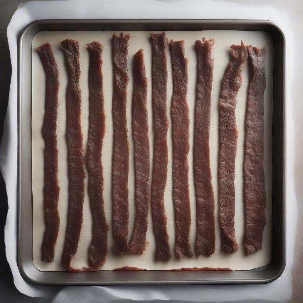 Dehydrating beef jerky for dogs in an oven.