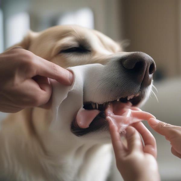 Cleaning a dog's teeth with dental wipes