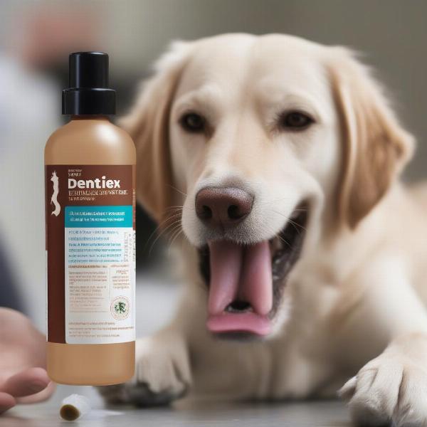 Dentihex bottle next to a dog showing its teeth