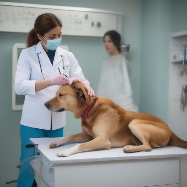 Veterinarian examining a dog for DES side effects