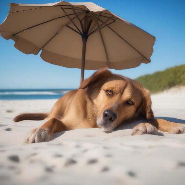 Dog Relaxing Under Umbrella on Beach