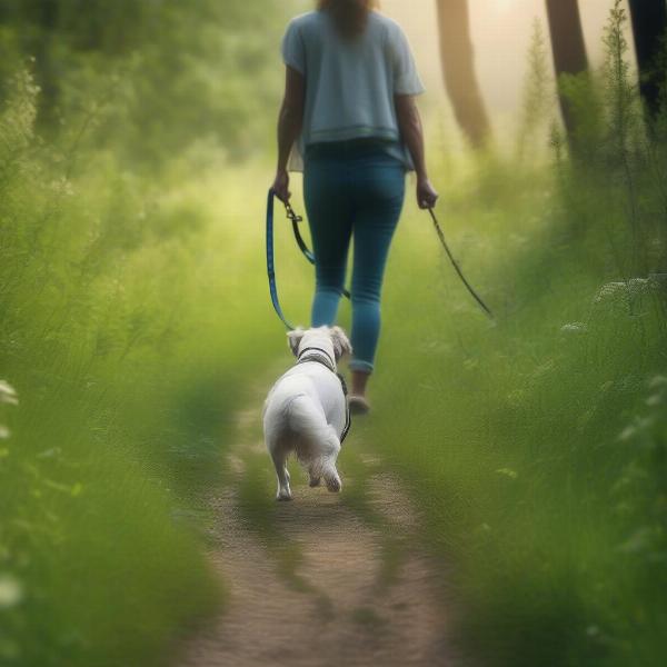 Dog walking on a leash by the river