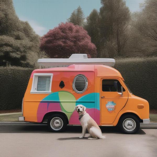 Mobile dog grooming van parked outside a house.