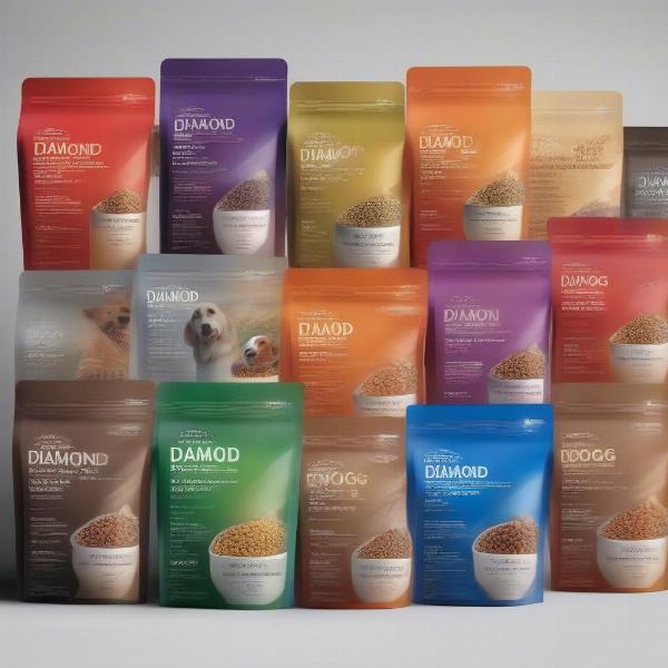 Different varieties of Diamond dog food bags