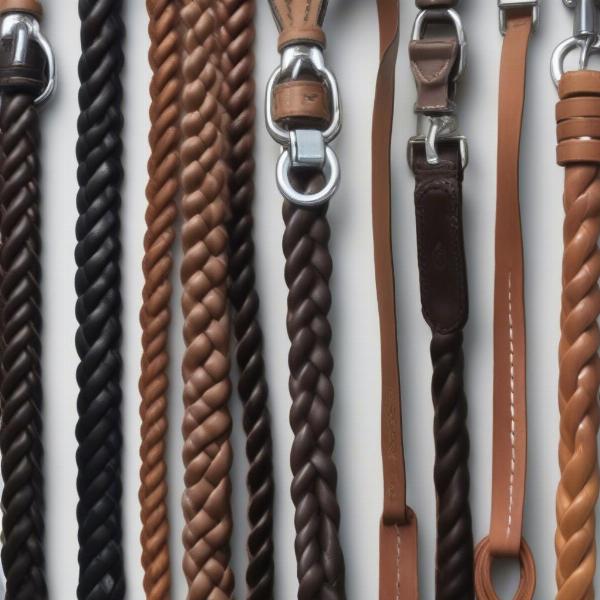 Various braided leather dog leads in different colors and thicknesses.