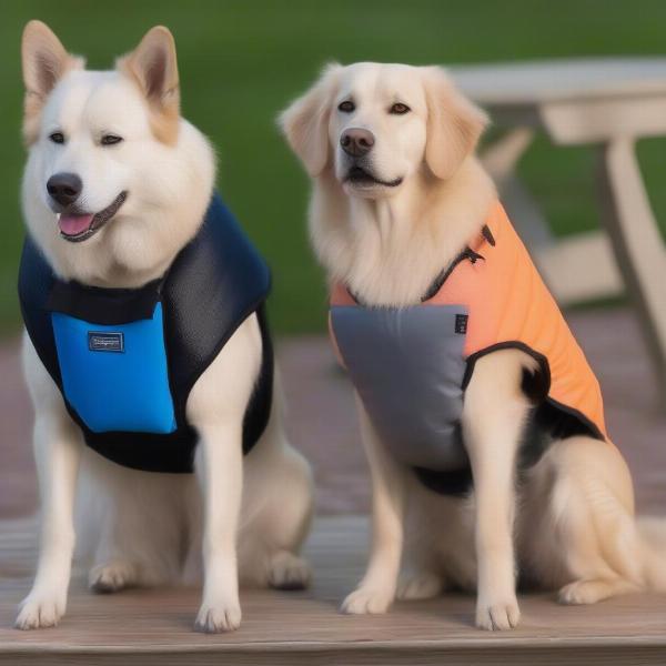 Various types of dog cooling vests laid out on a table