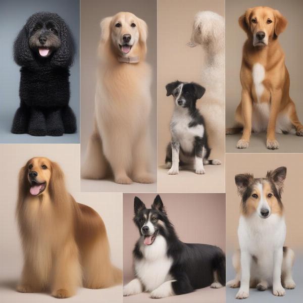 Different dog breeds with various coat types