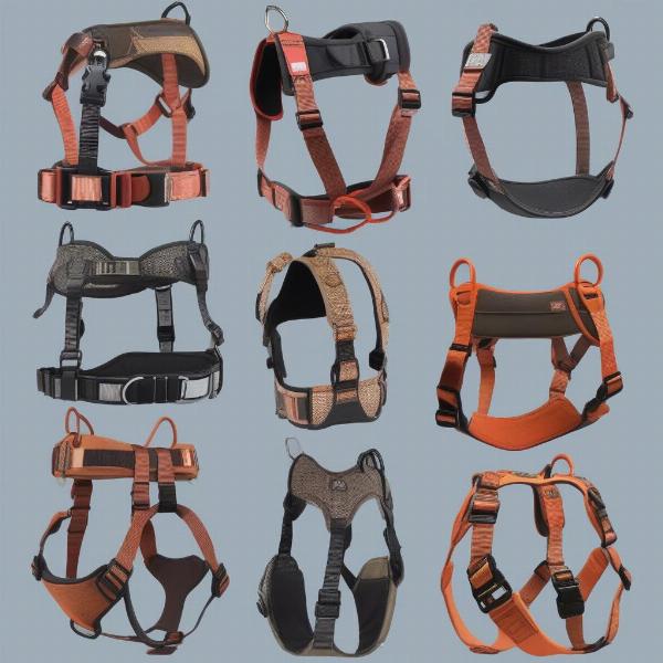 A collage showing various types of dog harnesses: front-clip, back-clip, dual-clip, and no-pull.