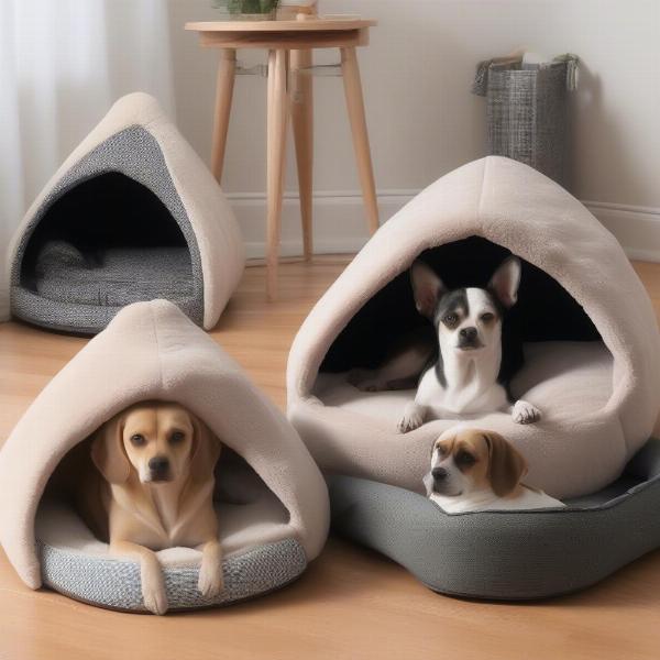 Different sizes of hooded dog beds for various dog breeds.