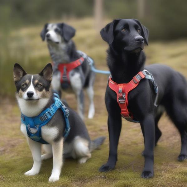 Three different types of alpine harnesses laid out for comparison