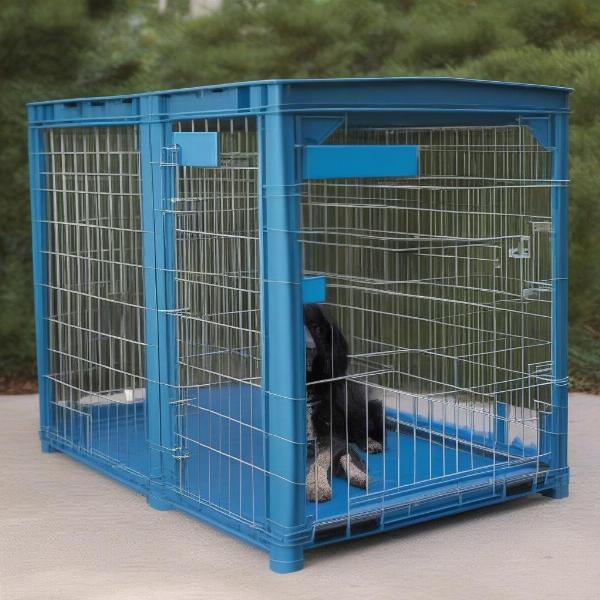 Variety of blue dog crates: wire, plastic, metal