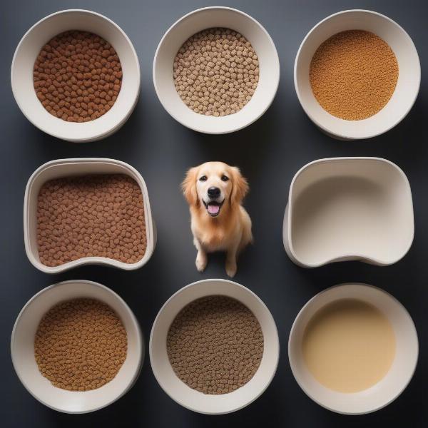 A Golden Retriever looking at different types of dog food