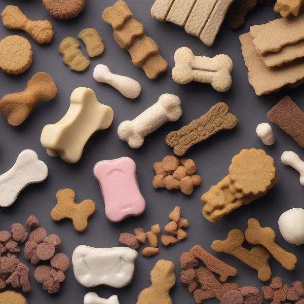 Different types of calming treats for dogs, like chews and soft treats.