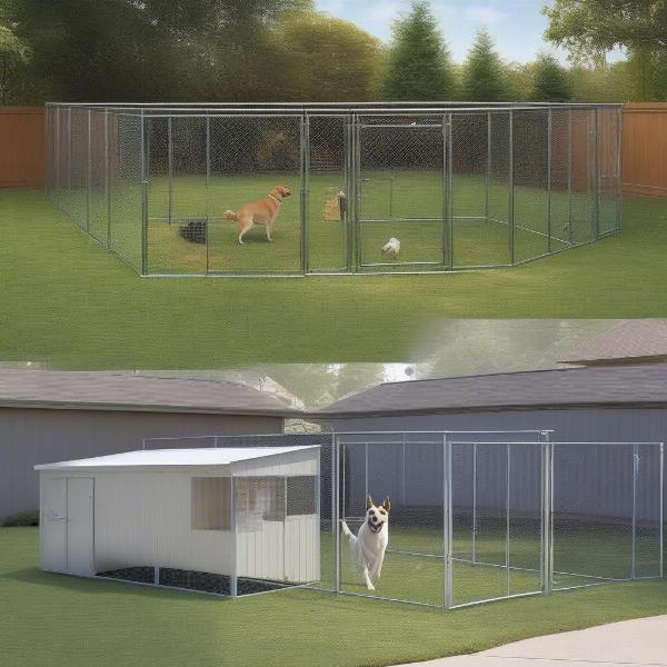 Various types of dog enclosures – kennels, fenced-in areas, and dog runs.