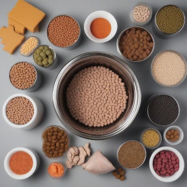 Various types of dog food including kibble, wet food, and raw food