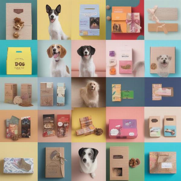 Various dog gift boxes categorized by theme, content, and subscription options.