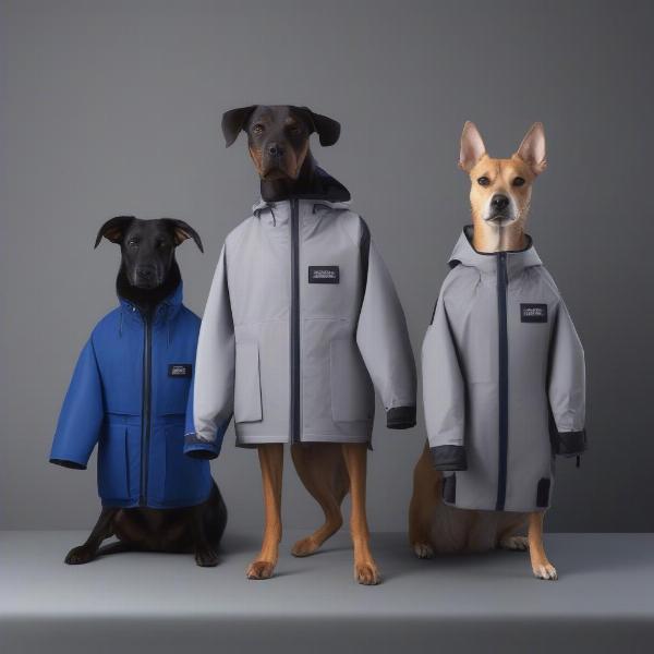 Various dog grooming jackets displayed on mannequins