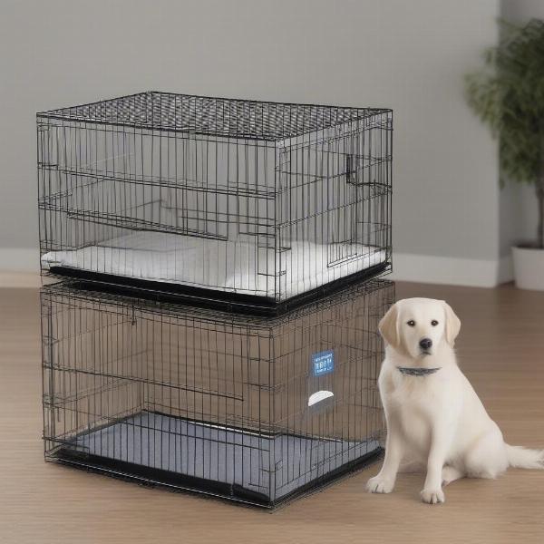 Various dog travel crates - plastic, metal, and soft-sided.