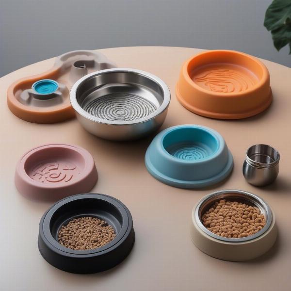 Various types of slow feeder bowls are displayed