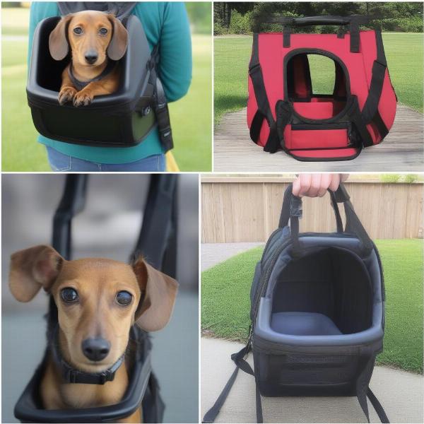 Different styles of weiner dog carriers, including backpack carriers, sling carriers, and hard-sided carriers.