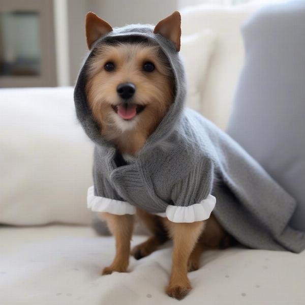 Dog wearing a handmade Big Bad Wolf Costume with a nightgown.